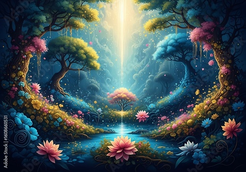 Enchanted forest with a magical stream and colorful trees creating a mystical view