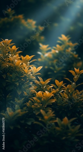 Golden foliage bathed in ethereal sunlight, creating a tranquil natural scene atmosphere beauty