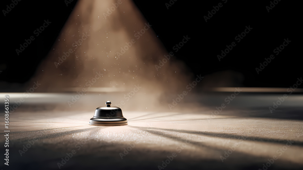 Obraz premium Dust particles illuminated by ceiling spotlight above empty lobby, reception bell casting radial shadow, shallow depth of focus. Illustration