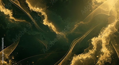 Luxurious abstract background with flowing golden textures and dark green shades