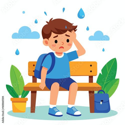 Cartoon boy sitting on a bench, looking stressed and sweating, with a backpack and rain drops.