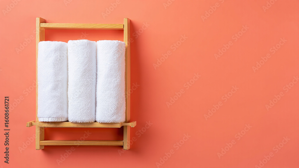 Fototapeta premium Clean white towels rolled on a wooden shelf against a coral background
