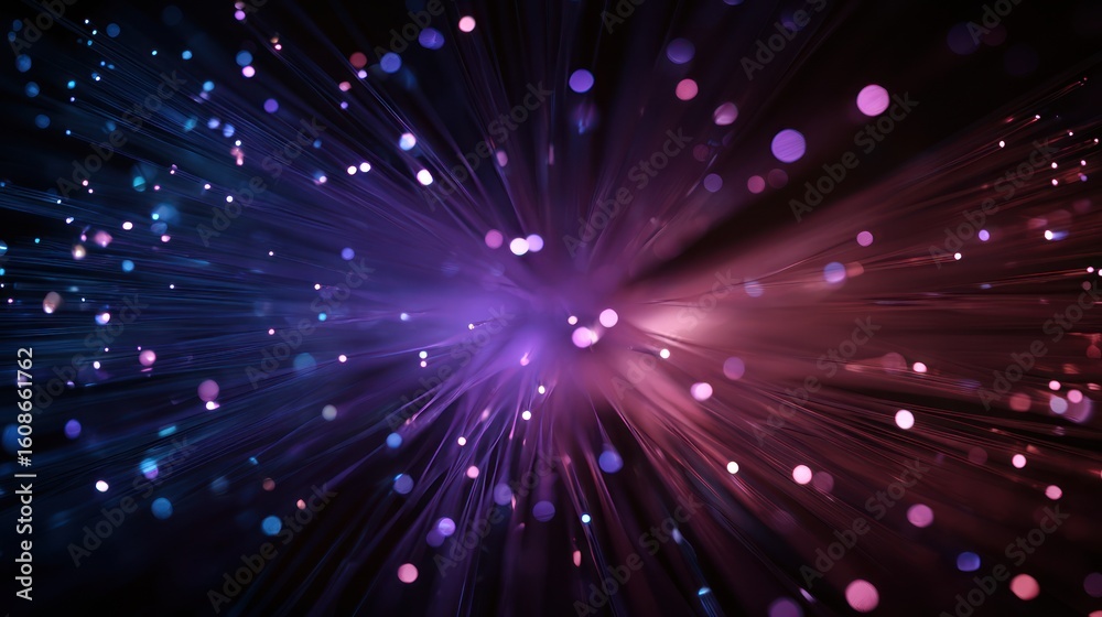 Naklejka premium Abstract illustration of luminous, colored fiber optic strands radiating from a central point