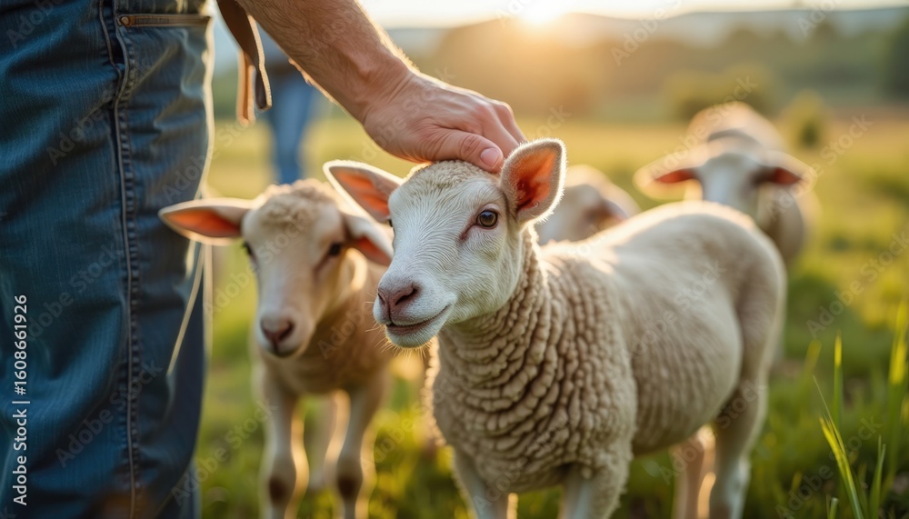 Fototapeta premium Gentle farmer's hand caressing a curious lamb in golden hour sunlight