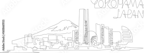 Landscape overlooking Minato Mirai 21 and Mt. Fuji painted with a single stroke and watercolors. Yokohama, Japan