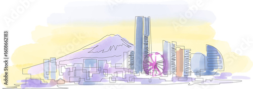 Landscape overlooking Minato Mirai 21 and Mt. Fuji painted with a single stroke and watercolors. Yokohama, Japan