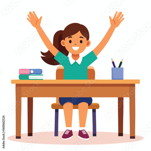 Happy schoolgirl celebrates success at her desk, arms raised in joy.