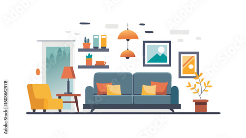 Modern living room interior design with sofa armchair and decor elements vector illustration graphic template