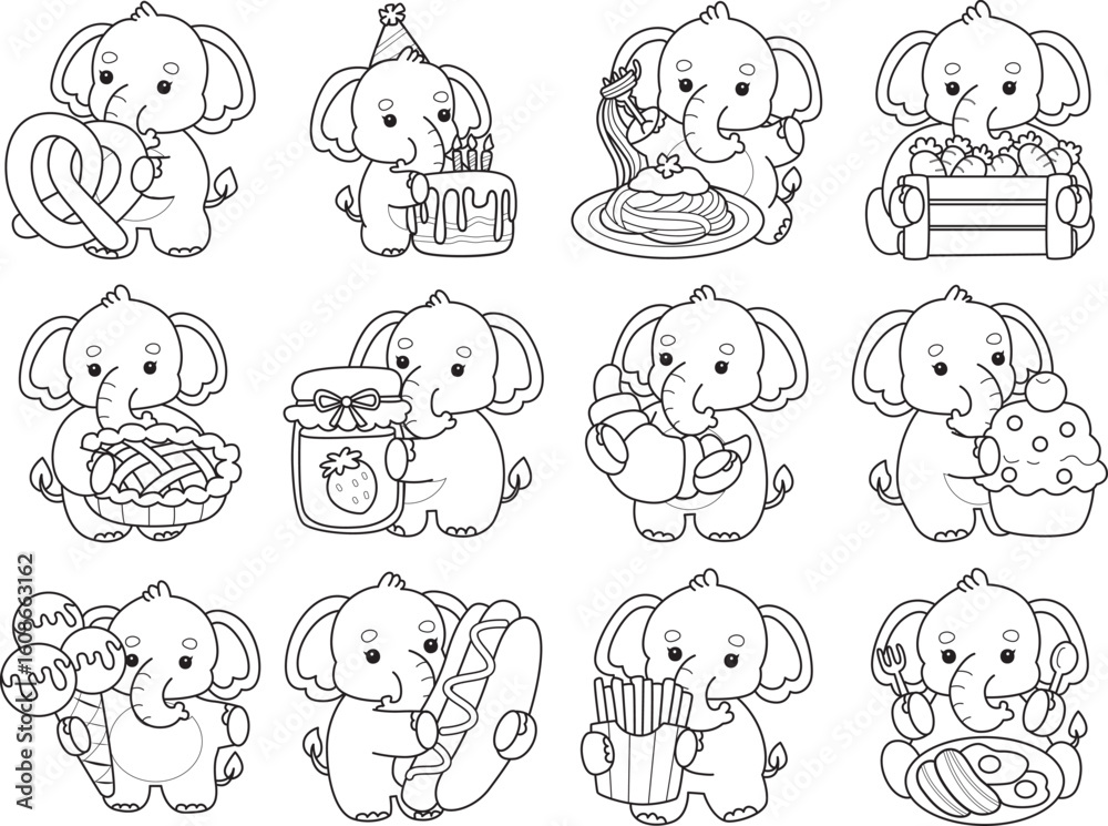 Obraz premium Cute Elephant icon. Funny baby Elephant animal series stock illustration. Life of fluffy Elephant designs. Coloring pages of Funny baby Elephant.