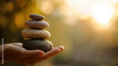 Balanced stacked stones on hand with warm sunset light perfect for spa wellness balance meditation therapy and calm natural lifestyle content