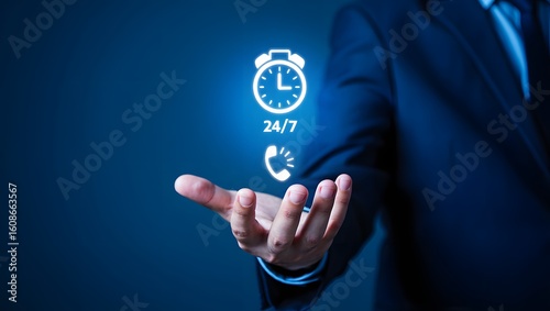 Call center support holding 24-7 icon for worldwide nonstop and full-time available contact of service concept. Assistance customer services, delivery. Technician ready for service 24 hours