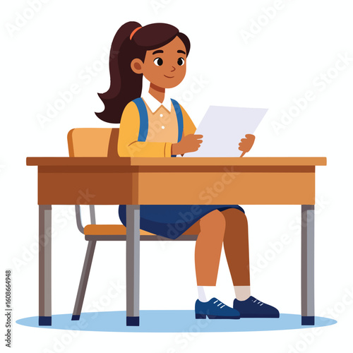 A young girl sits at a desk, reading a paper with a focused expression.