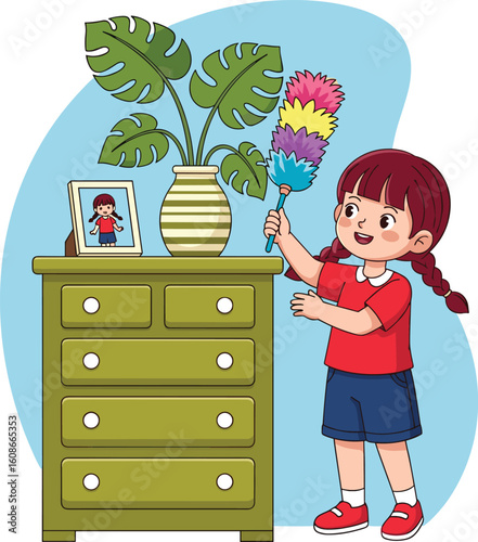 Cartoon child dusting green dresser with feather duster, indoor cleaning activity, vector illustration of household chores and responsibility