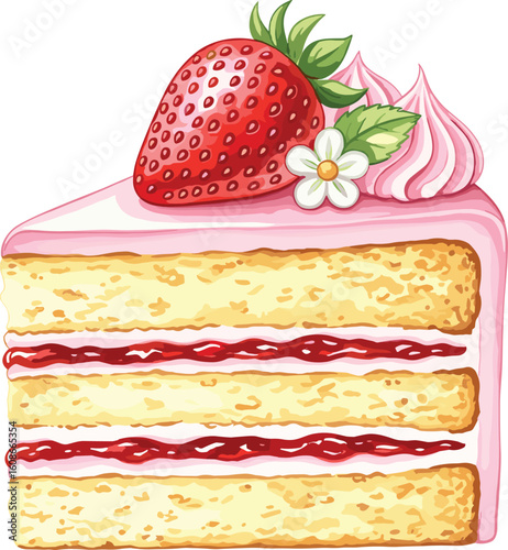 Cartoon cake slice with strawberry, pink frosting, yellow sponge layers, red jam filling, green leaves, and white flower garnish