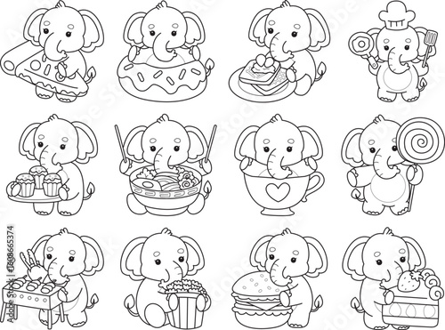 Cute Elephant icon. Funny baby Elephant animal series stock illustration. Life of fluffy Elephant designs. Coloring pages of Funny baby Elephant.
