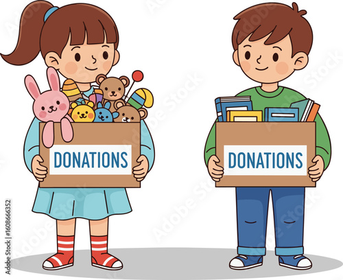 Cartoon children donating toys and books, holding labeled boxes filled with plush animals and colorful books, vector illustration of charity