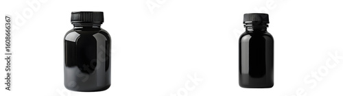 Black plastic bottle with screw cap for supplement or pharmaceutical use, isolated on a transparent background