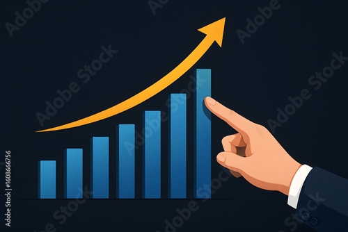 Businessman analyzing stock market chart with growth bar graph and arrow trend. Concept of business growth, financial success, investment strategy, economic forecast, and data analytics.