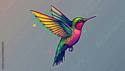Vibrant Hummingbird Illustration: Colorful Wings and Energetic Flight on Gray Background