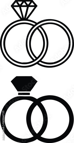 Marriage Icons. Black and White Vector Illustration. Two Wedding Rings. Legally Registered Marital Relationship. Concept Psychology