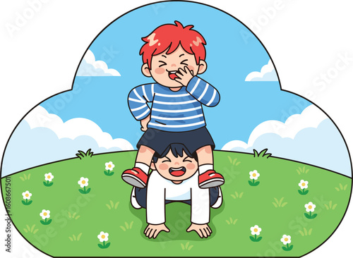 Cartoon children playing outdoors on grassy field, one riding piggyback on the other, joyful vector illustration with blue sky background