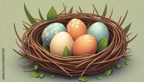 Colorful Easter Eggs Nestled in a Detailed Bird's Nest