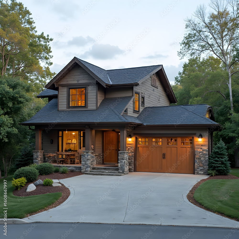 House Exterior with Driveway and Landscaping at Dusk House Exterior with Driveway and Landscaping at Dusk