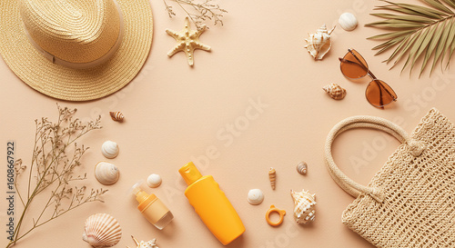 Summer beach essentials laid out flat