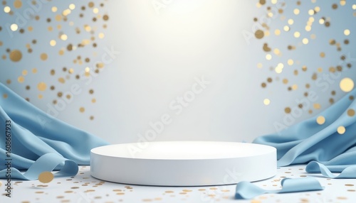 Festive White Podium with Soft Blue Drapes and Golden Confetti Bokeh for Product Display