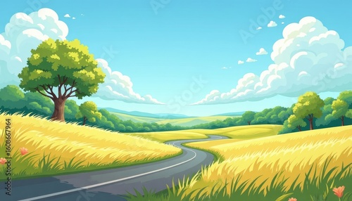 Serene Summer Road Winding Through Golden Fields Under a Bright Blue Sky