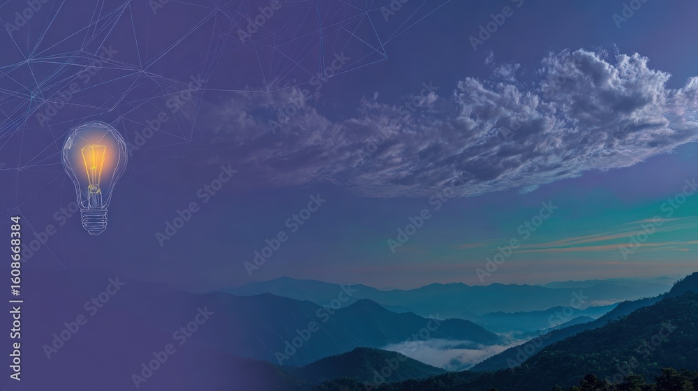 Fototapeta premium An illuminated light bulb, mountains, a network, and a cloudy sky