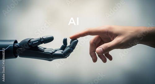 Robot hand and human hand nearly touching with the text 