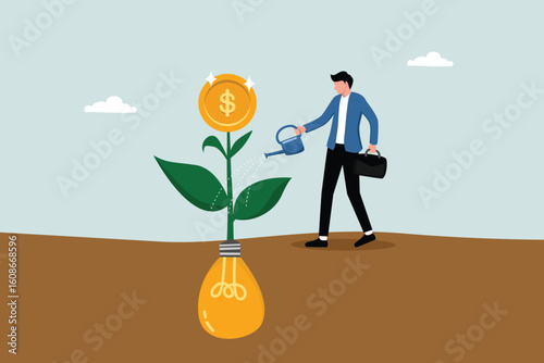 Monetizing ideas, profiting from creativity or innovation, starting a concept or fundraising, smart business by watering the growing seedling of money coins from a light bulb idea.