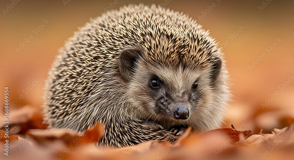Fototapeta premium A hedgehog sits amongst fallen autumn leaves, looking directly at the camera.
