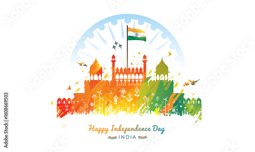 Indian tricolour flag with Red Fort, glory and eco technology development background. Happy independence day of india freedom celebration concept.

