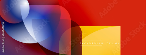 Abstract fluid shapes blend, creating vibrant color gradients. Red dominates right side, blue left. Modern design element.