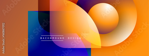 Abstract geometric shapes overlap, creating vibrant orange, blue gradients. Modern design elements suggest fluidity, depth, visual interest.