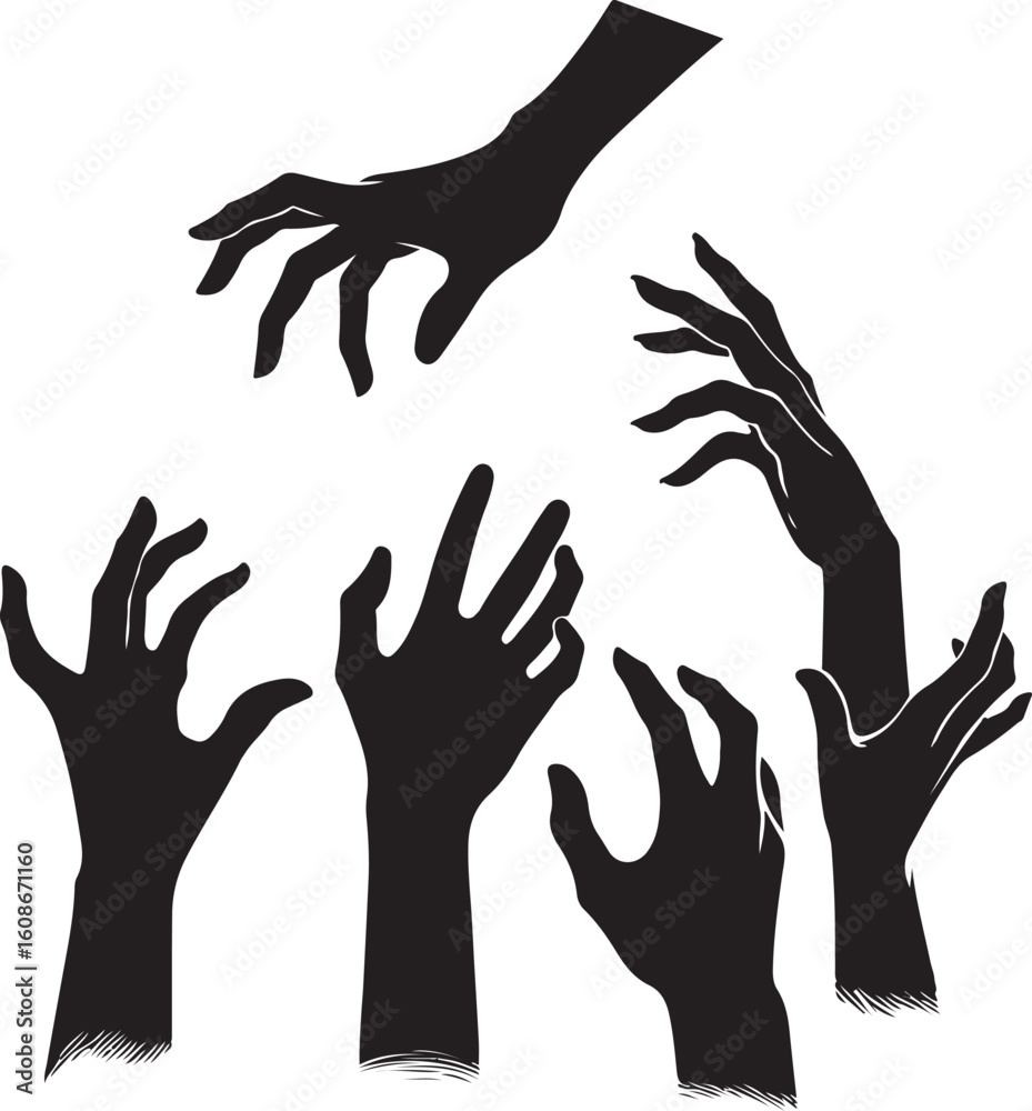 Fototapeta premium Hands reaching silhouette vector, Silhouetted hands reaching up in a lively atmosphere, surrounded by confetti and beams of light, conveying excitement and celebration
