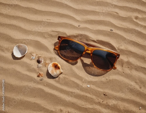 Beach glasses on beige sand on the beach in summer