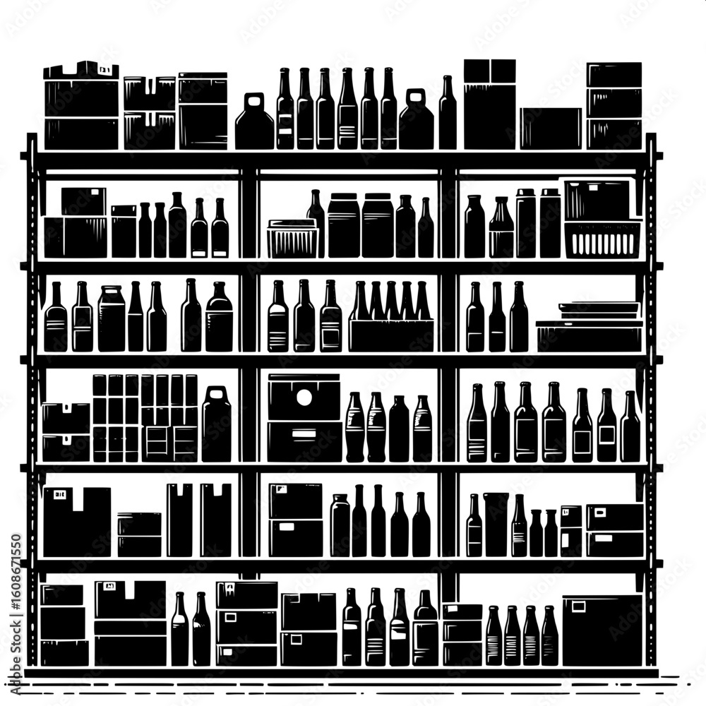 Obraz premium Black and White Vector Silhouette of Shelves Filled with Products