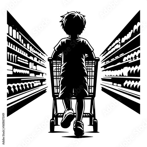 Black and White Vector Silhouette of a Boy Pushing a Shopping Cart