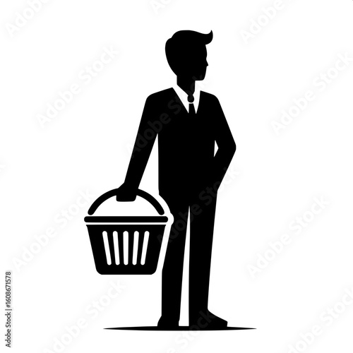 Black and White Vector Silhouette of a Man Holding a Shopping Basket