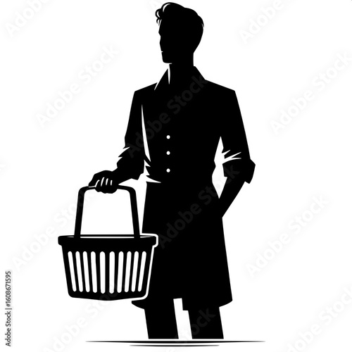 Black and White Vector Silhouette of a Man Holding a Shopping Basket