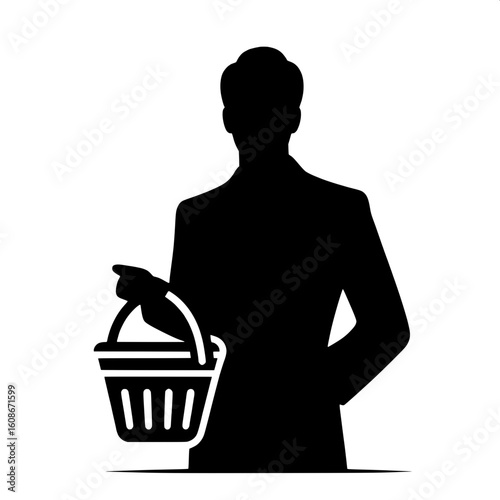 Black and White Vector Silhouette of a Man Holding a Shopping Basket