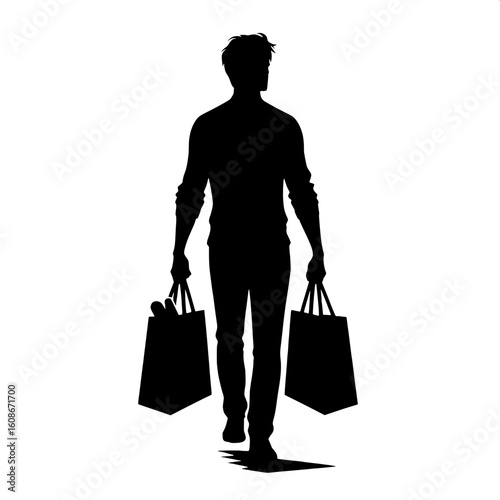 Black and White Vector Silhouette of a Man Carrying Two Grocery Bags