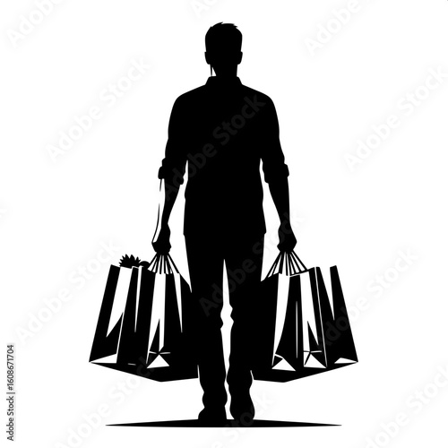 Black and White Vector Silhouette of a Man Carrying Two Grocery Bags