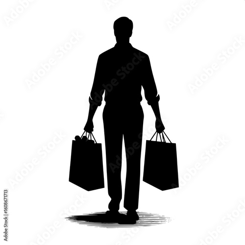 Black and White Vector Silhouette of a Man Carrying Two Grocery Bags