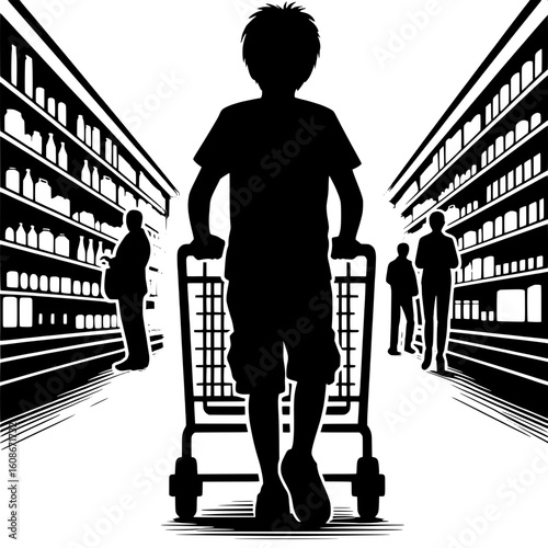 Black and White Vector Silhouette of a Boy Pushing a Shopping Cart