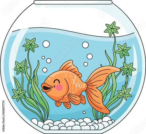 Cartoon goldfish swimming in fishbowl with green plants and white pebbles, smiling expression and bubbles, vector underwater pet scene