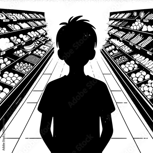 Black and White Vector Silhouette of a Boy Looking at Fruit Section